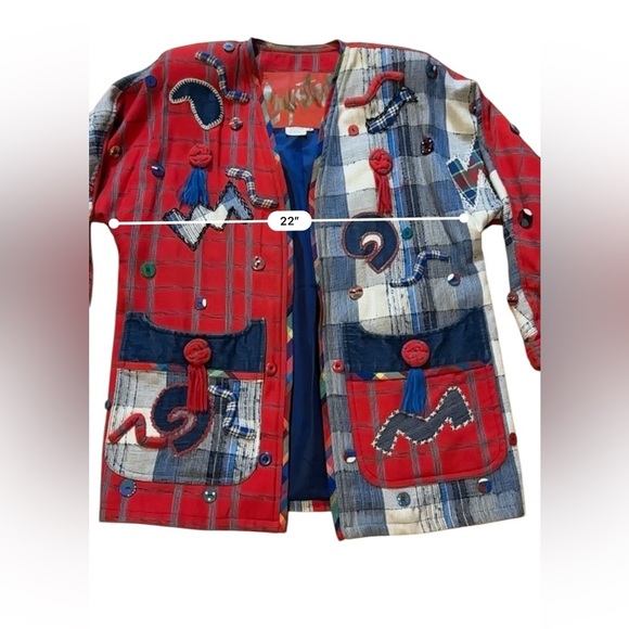 CRYSTAL Handwoven VINTAGE ART TO WEAR Embroidered Button Denim Blazer Medium - Picture 7 of 9